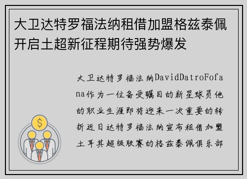 大卫达特罗福法纳租借加盟格兹泰佩开启土超新征程期待强势爆发 大卫达特罗福法纳租借加盟格兹泰佩开启土超新征程期待强势爆发