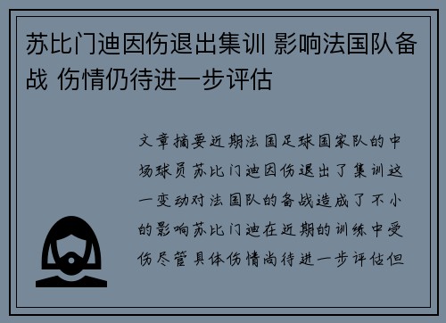 苏比门迪因伤退出集训 影响法国队备战 伤情仍待进一步评估